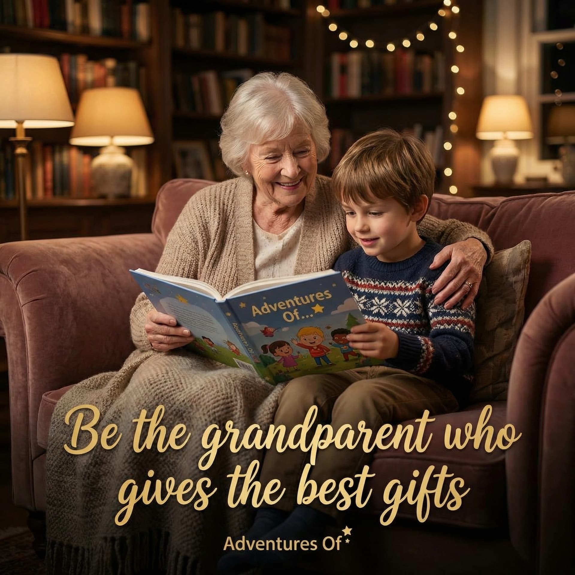 Grandma reading personalized storybook with grandson